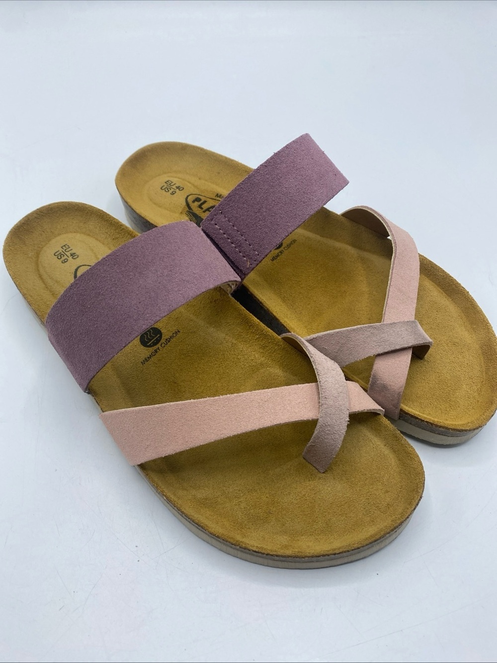 Plakton Cross Strap Leather Slide Sandals Memory Cushion Purple Pink US 9 Cork